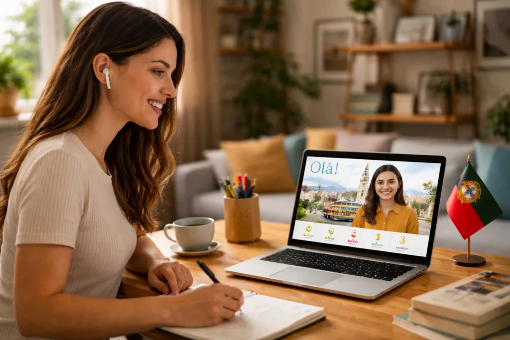 A beginner student taking an online European Portuguese lesson at home, illustrating Portuguese for Beginners online and private language learning support.