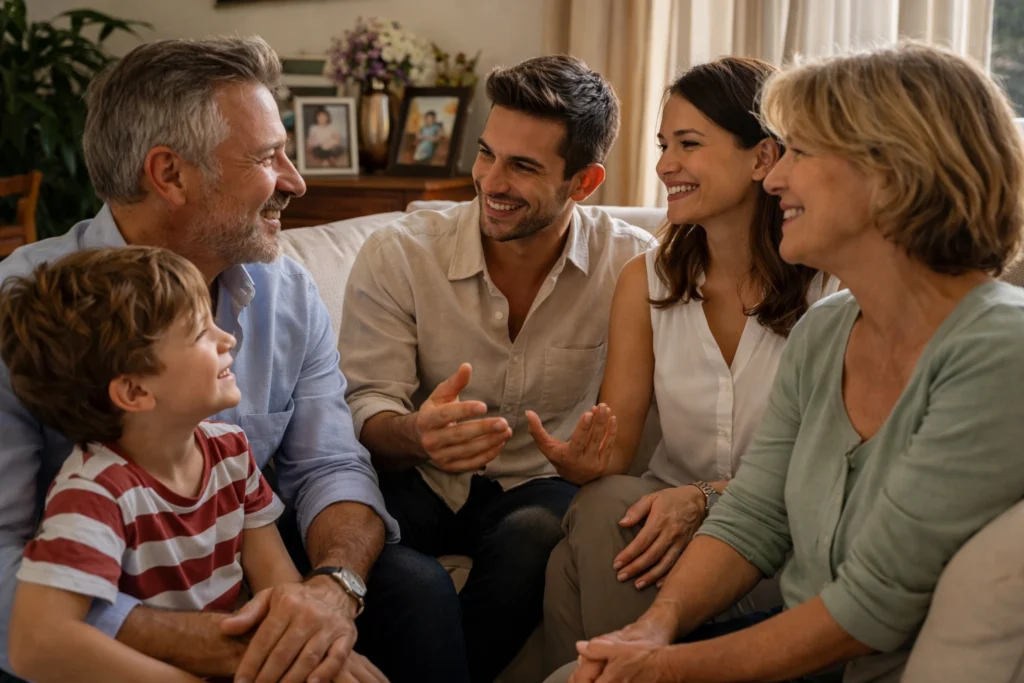 A family talking together in a cosy home, illustrating Portuguese for Family and Relationships and real-life communication with loved ones in Portugal.