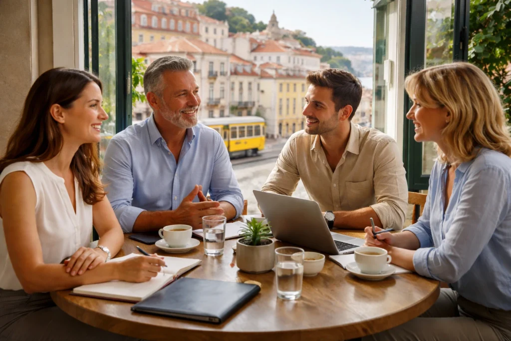 Four professionals in a business meeting in Lisbon, illustrating Portuguese for Work and workplace communication in Portugal.