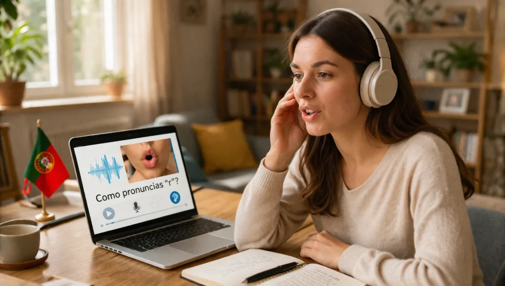 An adult wearing headphones during an online pronunciation and listening practice session, illustrating European Portuguese speaking and listening support.