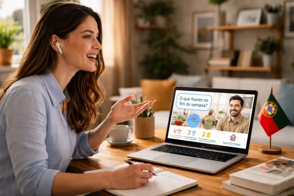 A student speaking during an online European Portuguese lesson, illustrating speaking practice, guided conversation, and confidence-building in real-life communication.